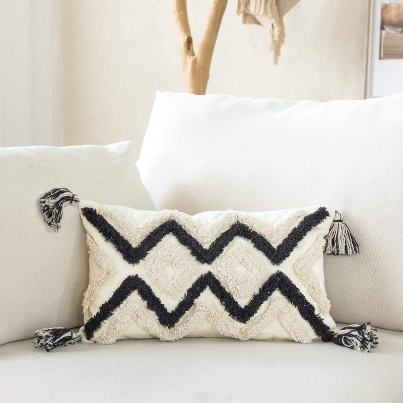 Snugtown Woven Tufted Boho Lumbar Throw Pillow Cover, Modern Decorative Geometric Chevron Cushion with Tassels, Farmhouse Tribal Pillowcase for Couch Sofa Bedroom Living Room, 12 x 20 Inches, Black, Ivory - Image 3